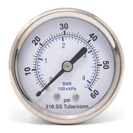 Engineered Specialty Products, Inc PIC Gauges 2.5" All SS Pressure Gauge, 1/4" NPT, 0/60 PSI, Dry Fillable, Ctr Back Mount, 302D-254D 302D-254D